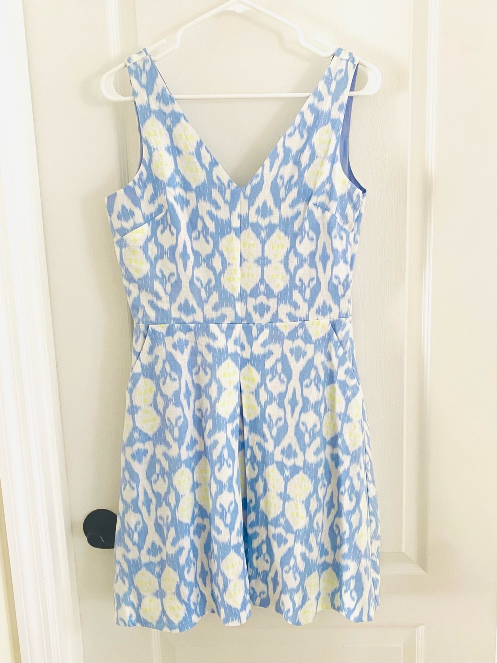 GAP 100% Linen Blue Violet Ikat Fit & Flare Dress w/ Pockets Size 2